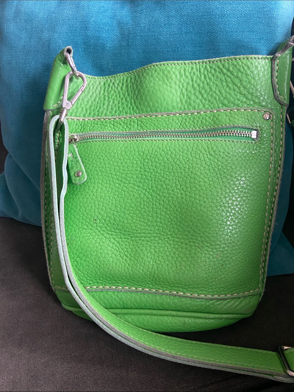 Roots Bright Green Pebbled Leather Hobo Crossbody
